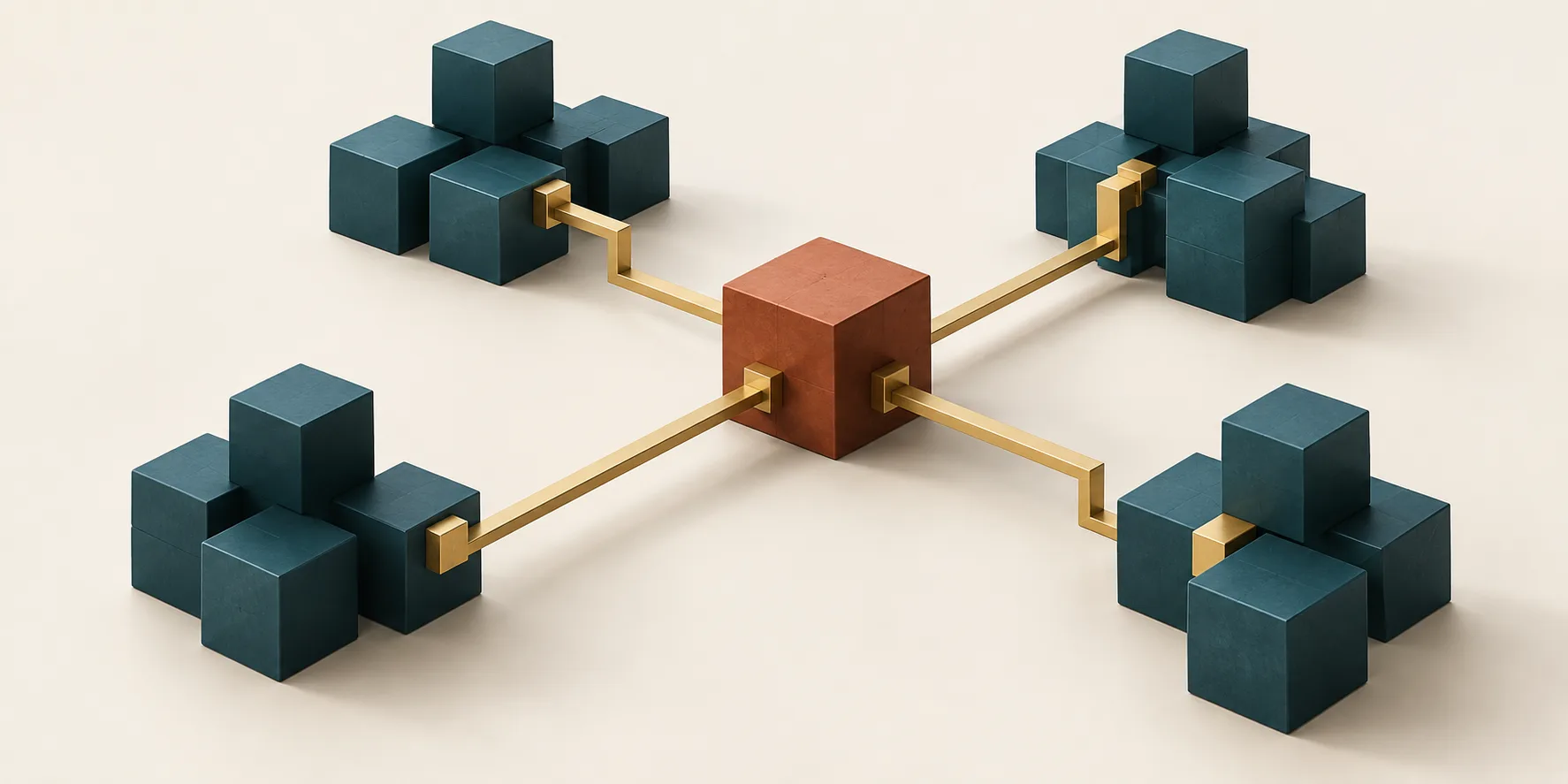 Four groups of teal cubes connect to a central terracotta cube through brass paths, representing shared decisions and handoffs in an AI-centric operating model