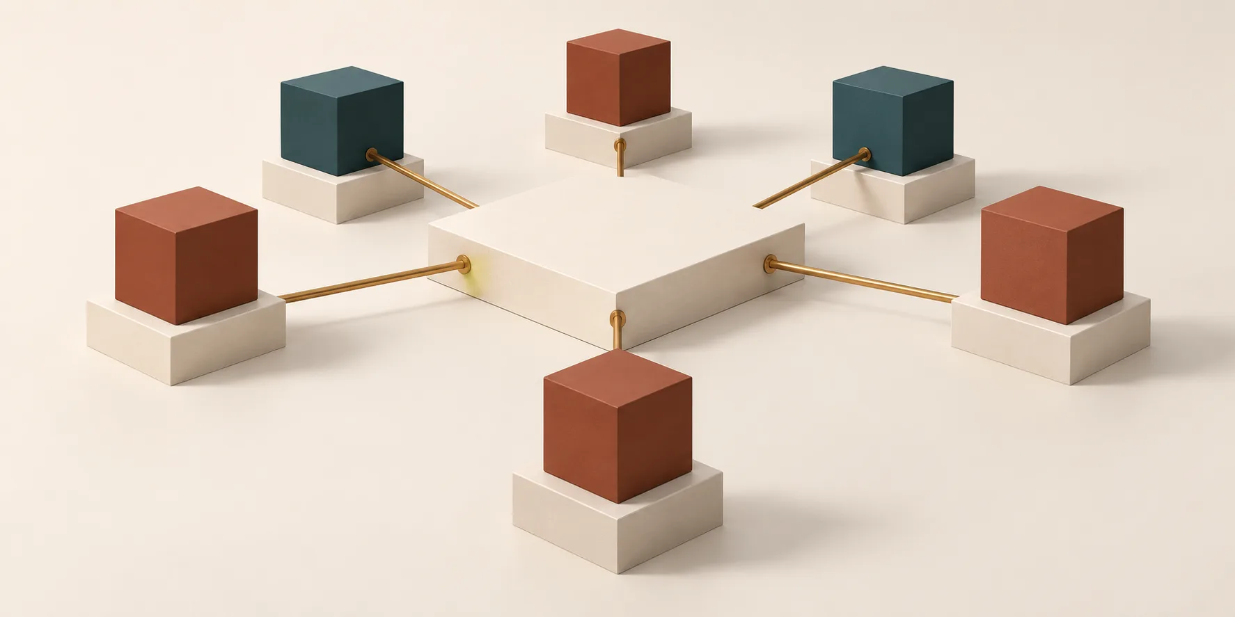 Teal and terracotta cubes stand around a central cream platform, joined by brass rails, representing distinct responsibilities in an AI deployment team