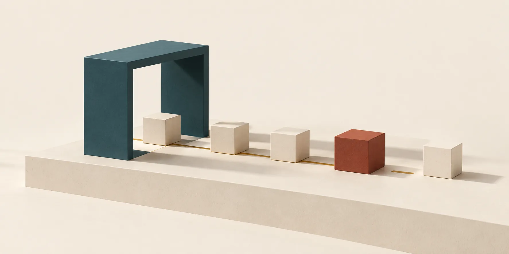 Cream cubes follow a brass line through an open teal frame toward a terracotta cube, with a gap before a separate cream cube marking missing evidence
