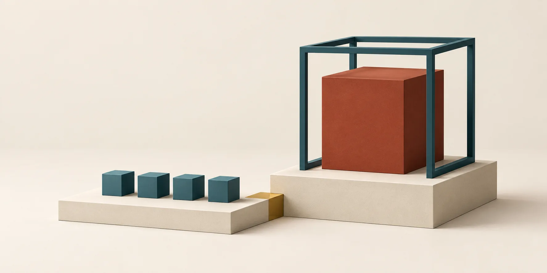 An elevated terracotta cube sits within an open teal frame beside a row of smaller teal cuboids, with a brass inset marking the boundary between reserved judgement and routine operations