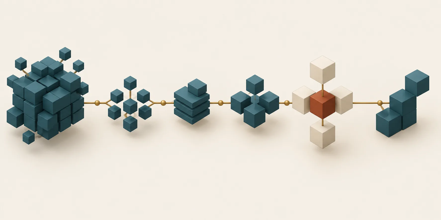 A large cluster of teal cubes separates into smaller task groups connected by brass lines, with a terracotta cube marking a human approval point