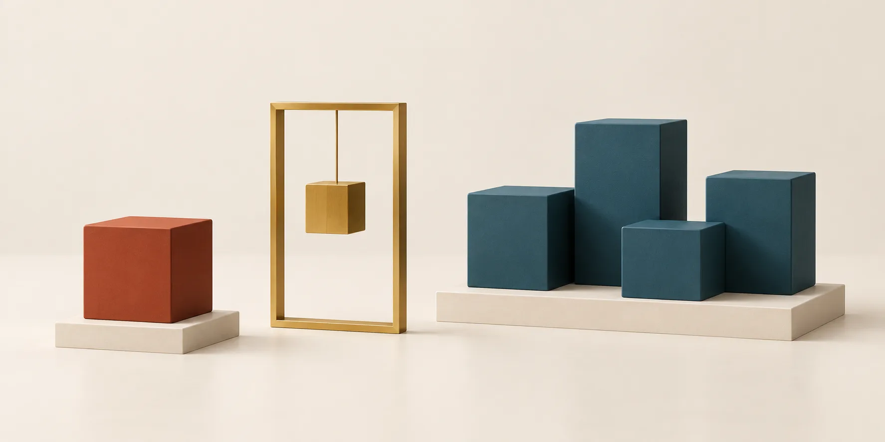 A group of teal cubes on a cream platform faces a terracotta cube across an open brass frame with a suspended cube, representing staff questions and an unresolved decision