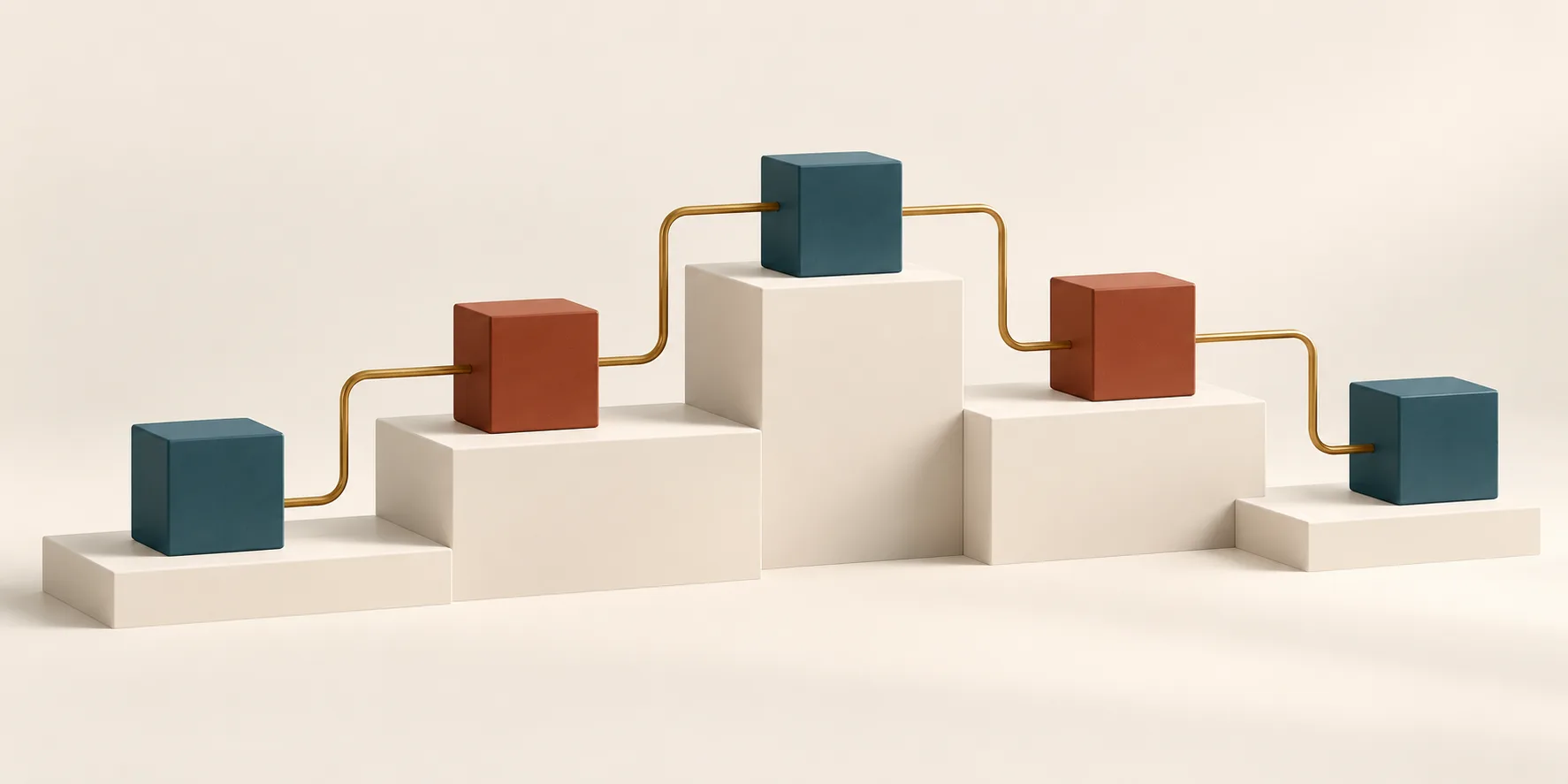 Teal and terracotta blocks form a stepped arrangement on cream platforms with brass connecting rails, representing a redesigned workflow