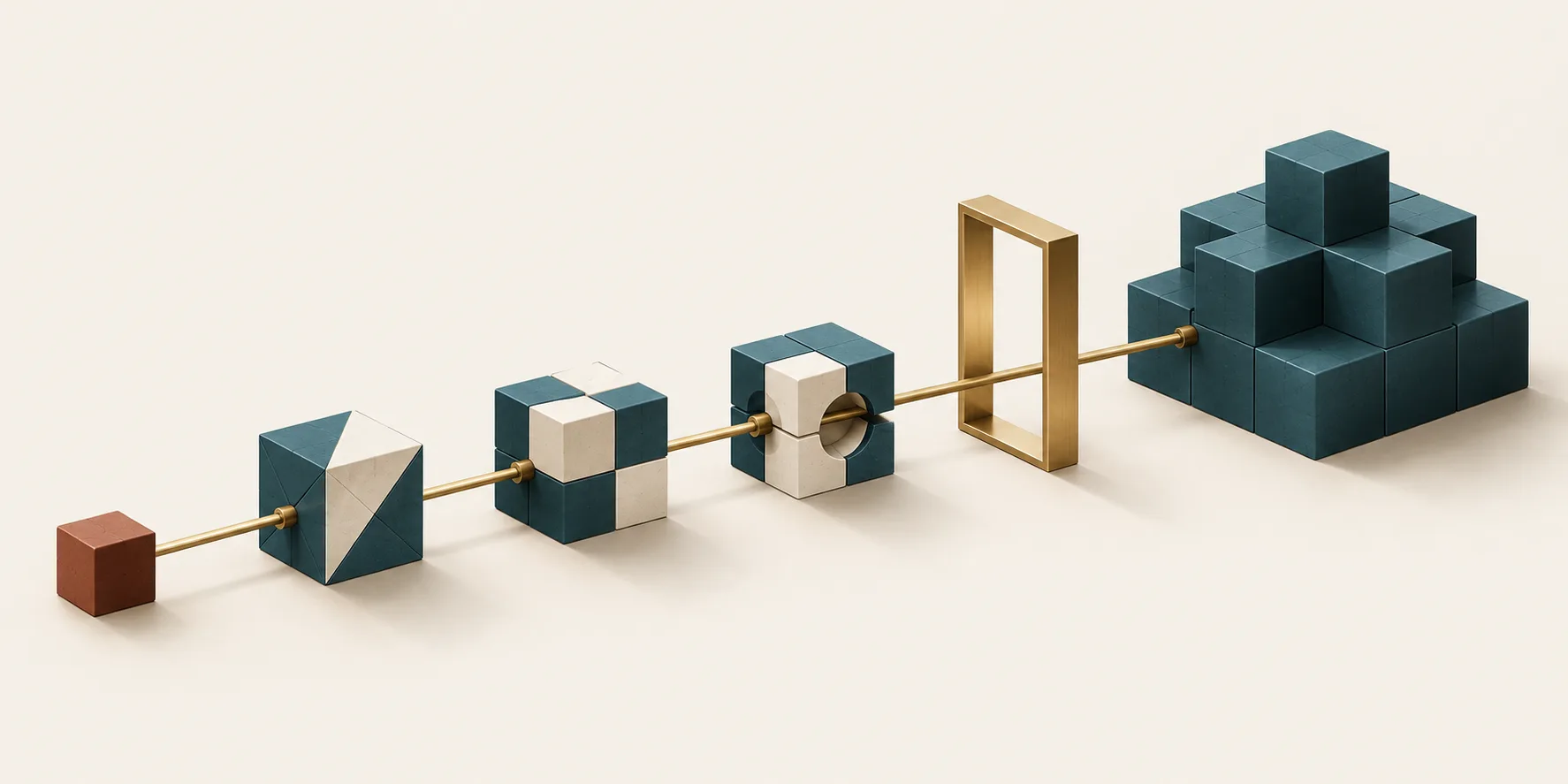 A small terracotta cube passes three teal and cream checkpoints and a brass gate toward a larger stack of teal cubes, representing an AI pilot's scale decision