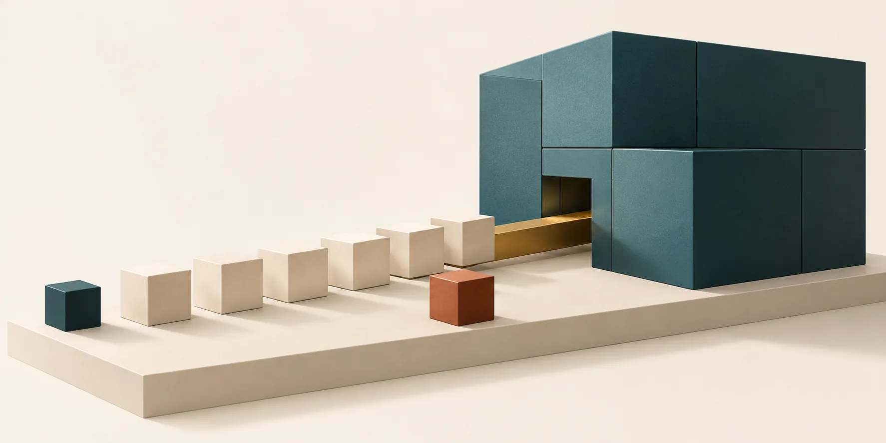 Cream cubes queue along a brass channel into a narrow opening in a large teal block assembly, with a small teal cube and a separate terracotta exception cube