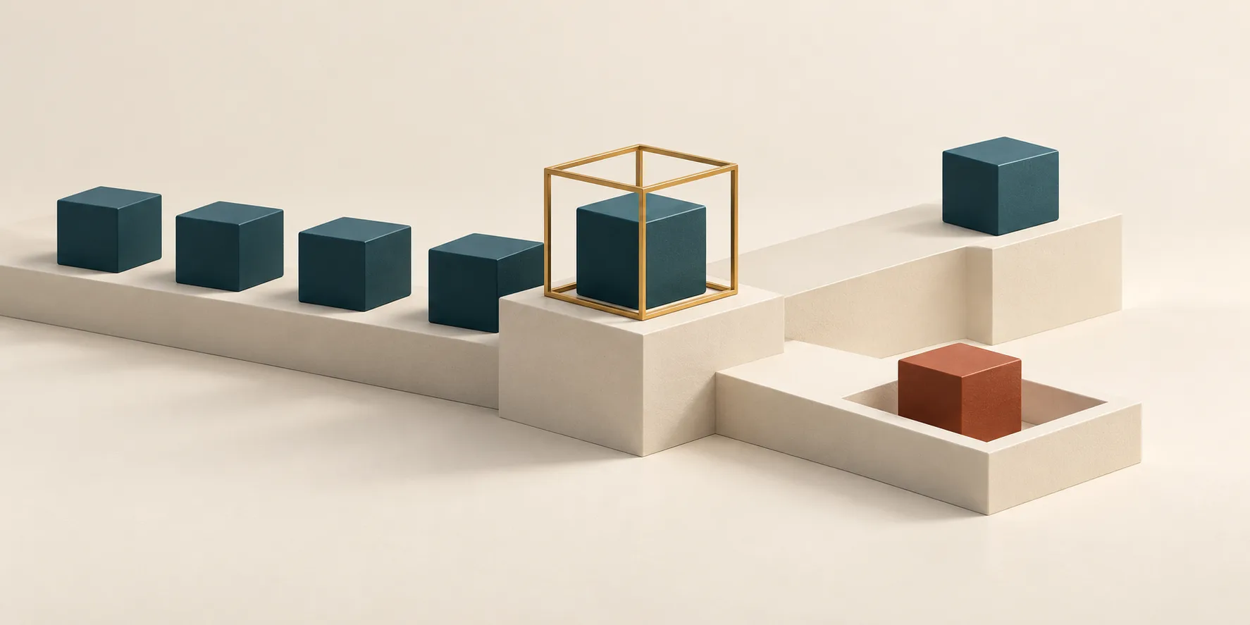 Teal cubes approach a brass-framed cubic checkpoint on a cream platform, with a terracotta cube in a side bay, representing review before an AI action