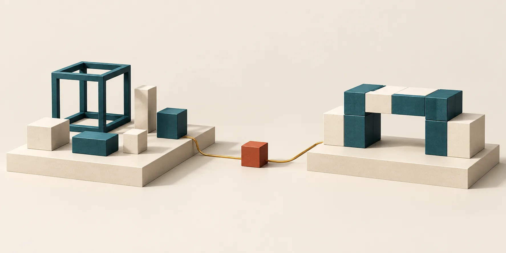 An open teal cubic frame and separated blocks face an assembled teal and cream bridge, joined by a brass track with a terracotta decision block