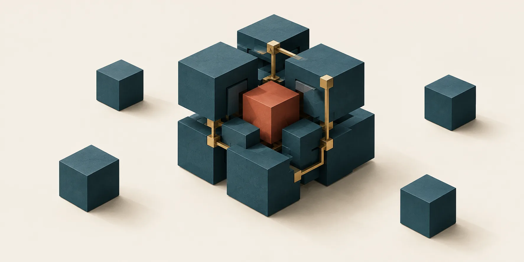 Connected teal cubes surround a terracotta core while separate cubes sit outside the structure, illustrating an AI startup's workflow advantage