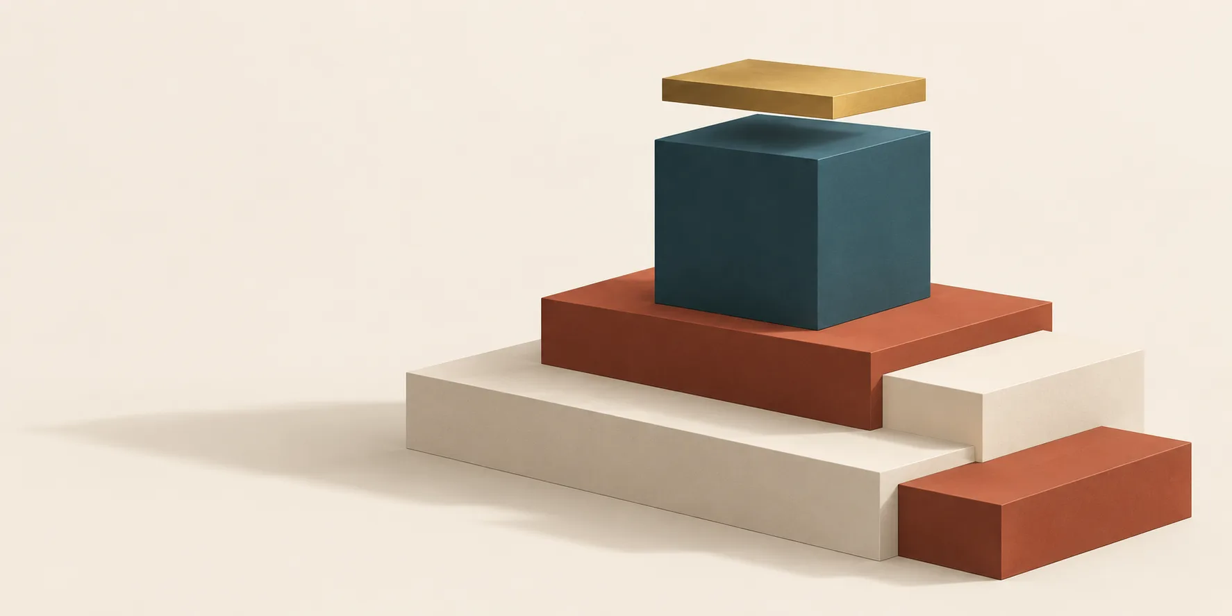 A teal cube rests on layers of cream and terracotta blocks beneath a brass slab, representing the costs supporting an AI product