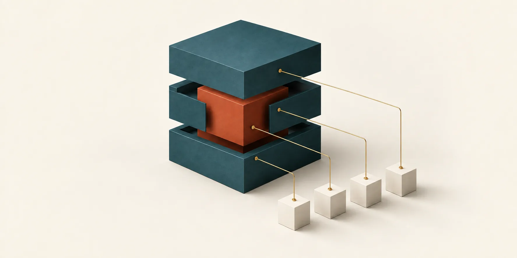 Layered teal cubes reveal a terracotta core, with brass lines connecting the layers to small cream evidence cubes
