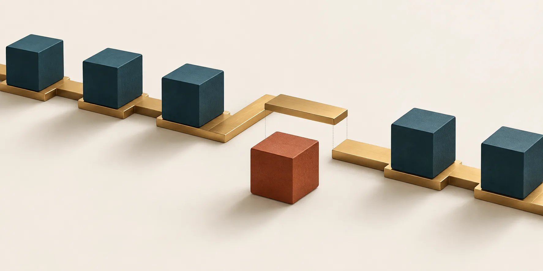 A terracotta cube sits below a gap in a brass path carrying teal work cubes, showing an AI tool disconnected from the daily workflow