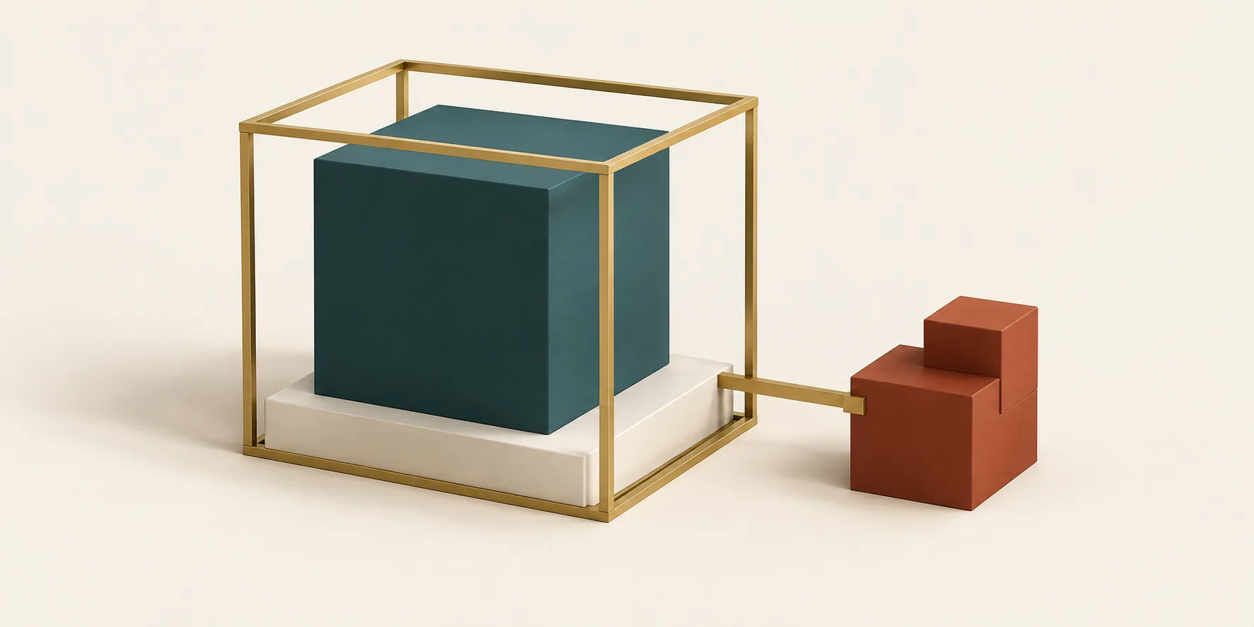 A teal cube on a cream base sits within a brass frame beside connected terracotta blocks, representing a workflow with clear operating boundaries