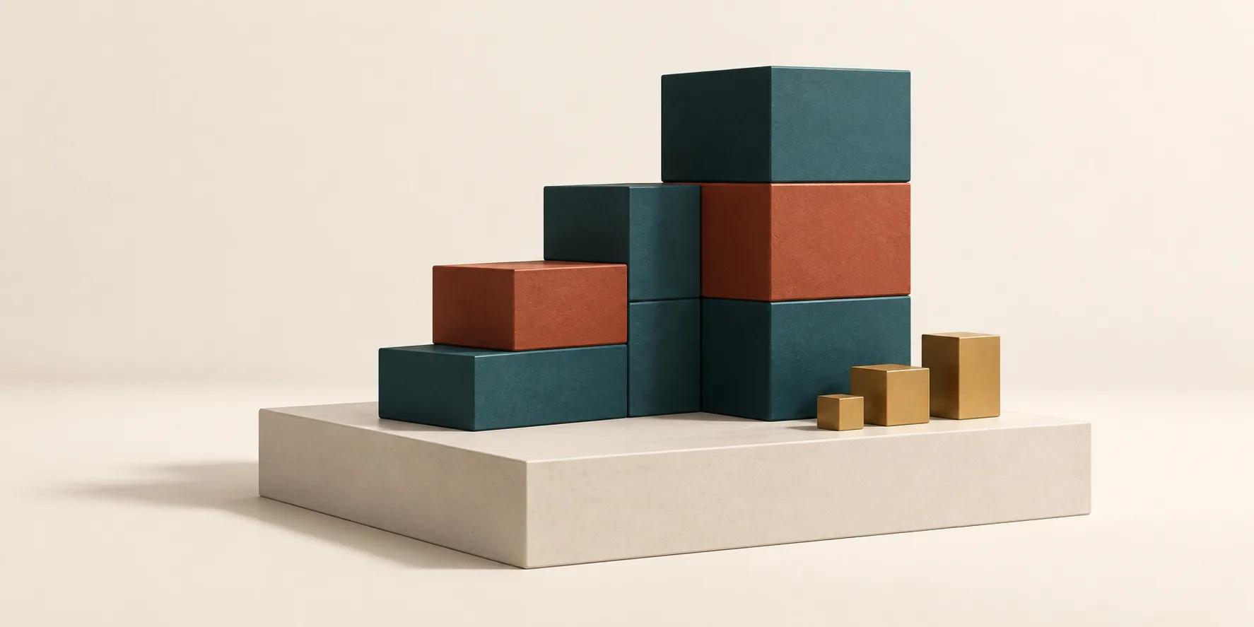 Teal and terracotta blocks form a stepped stack on a cream plinth beside small brass cubes, representing the components of an AI workflow's total cost