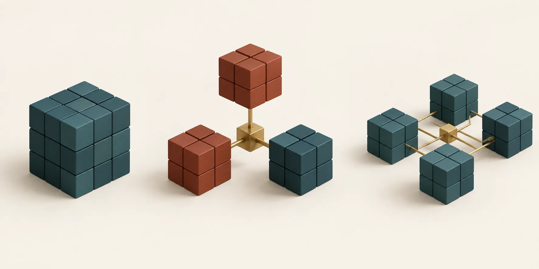 A single teal cube stack, three groups linked by a brass hub, and several connected teal stacks show central, shared, and federated AI teams