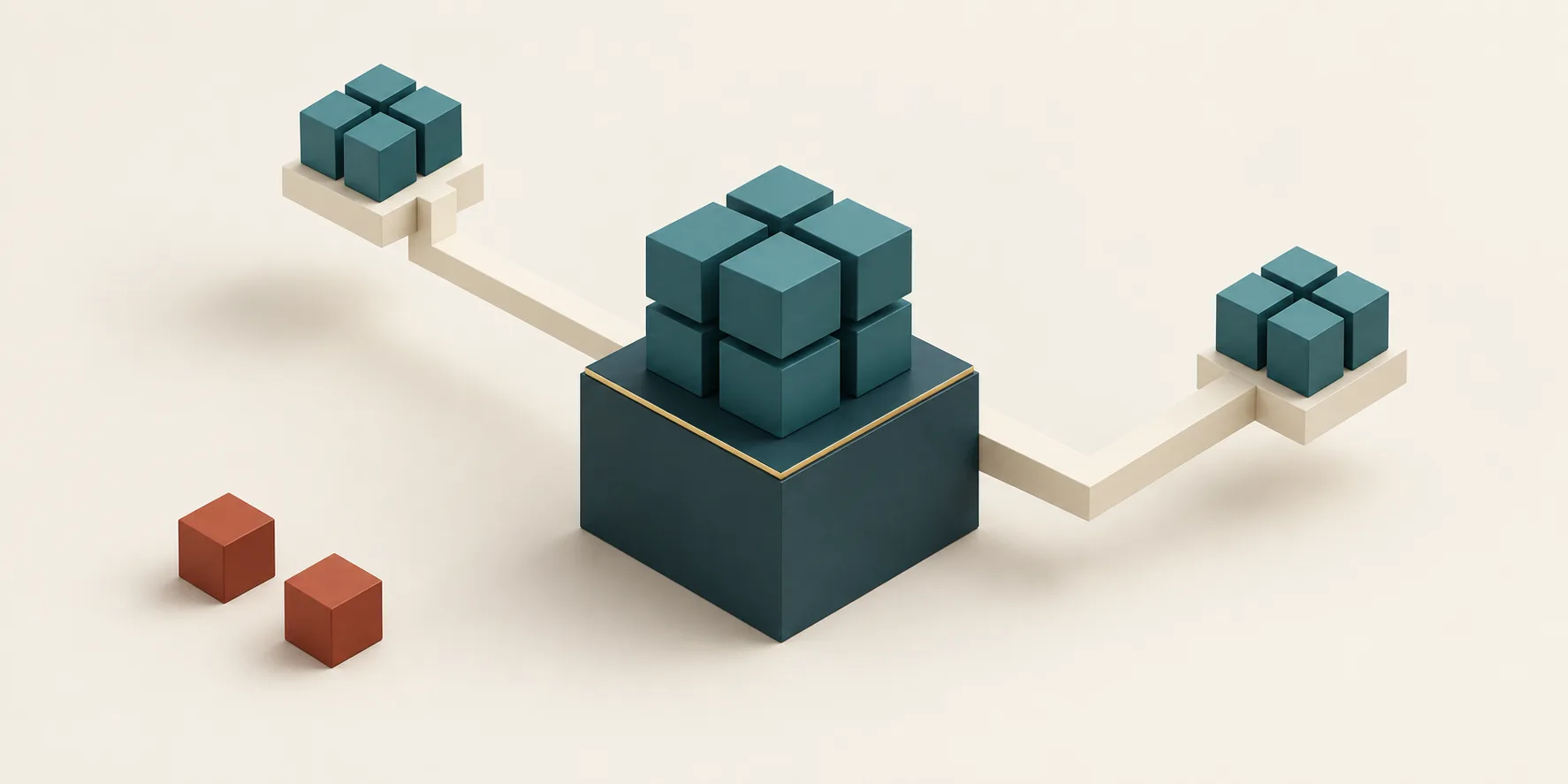 A brass-edged teal cubic foundation connects to two smaller cube clusters, while terracotta cubes sit apart, representing repaired data shared across workflows