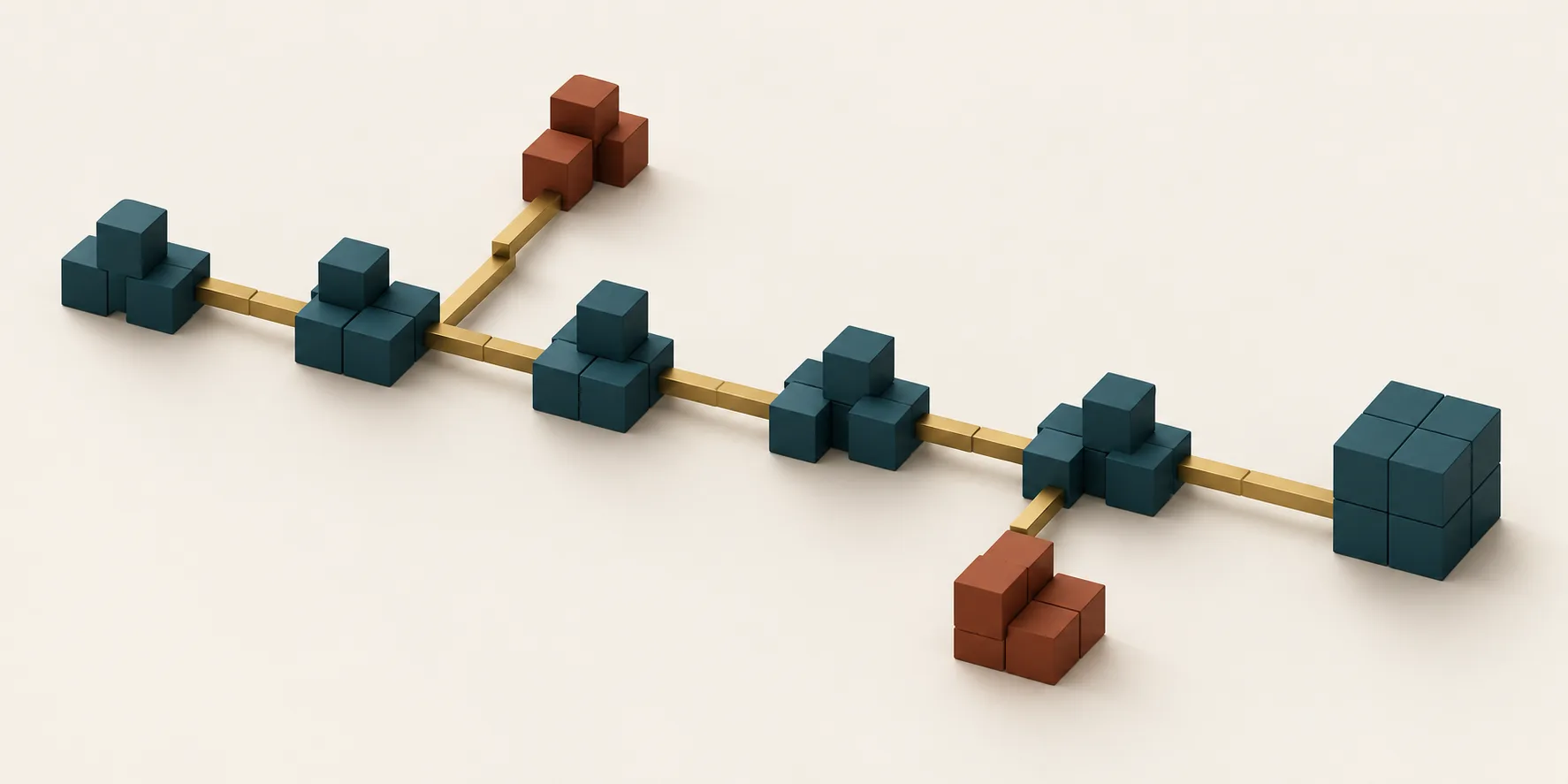 Teal cubic assemblies connect along brass rails with terracotta side branches, showing an order moving through a process with exceptions