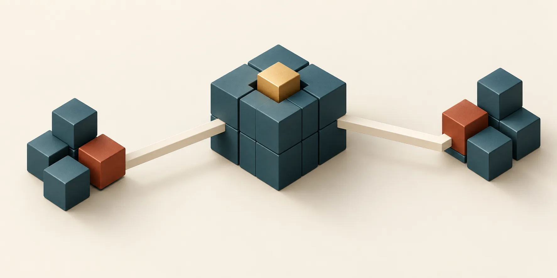 Two teal cube clusters with terracotta adapters connect to a central teal platform with a brass module, representing customer work becoming a shared product capability