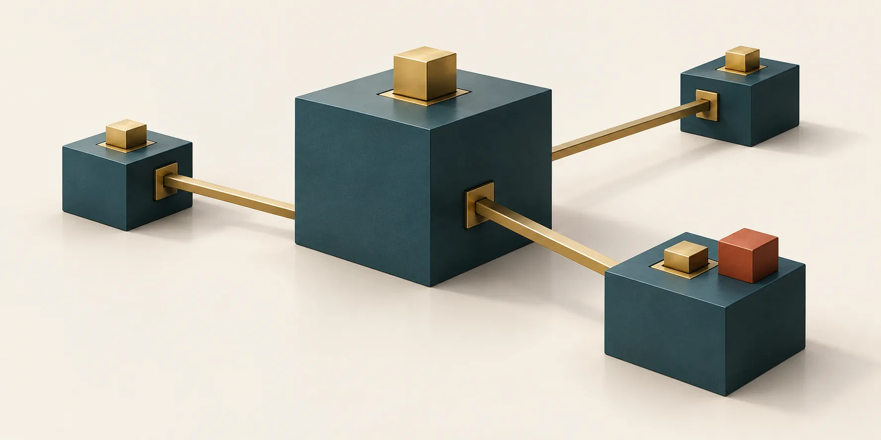 Small teal platforms connect by brass rails to a larger teal cube with a brass module, while a terracotta cube sits beside a local socket, representing shared product and customer work