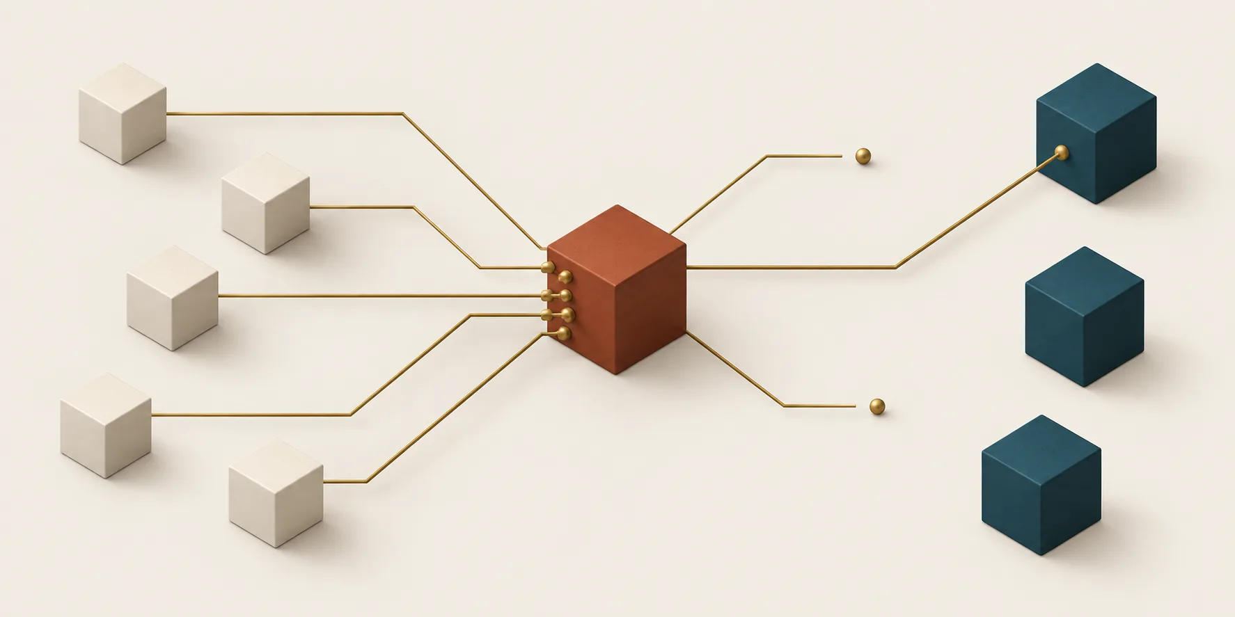 Cream work-order cubes feed a terracotta dispatch cube, with one brass route reaching a teal technician cube while other routes pause