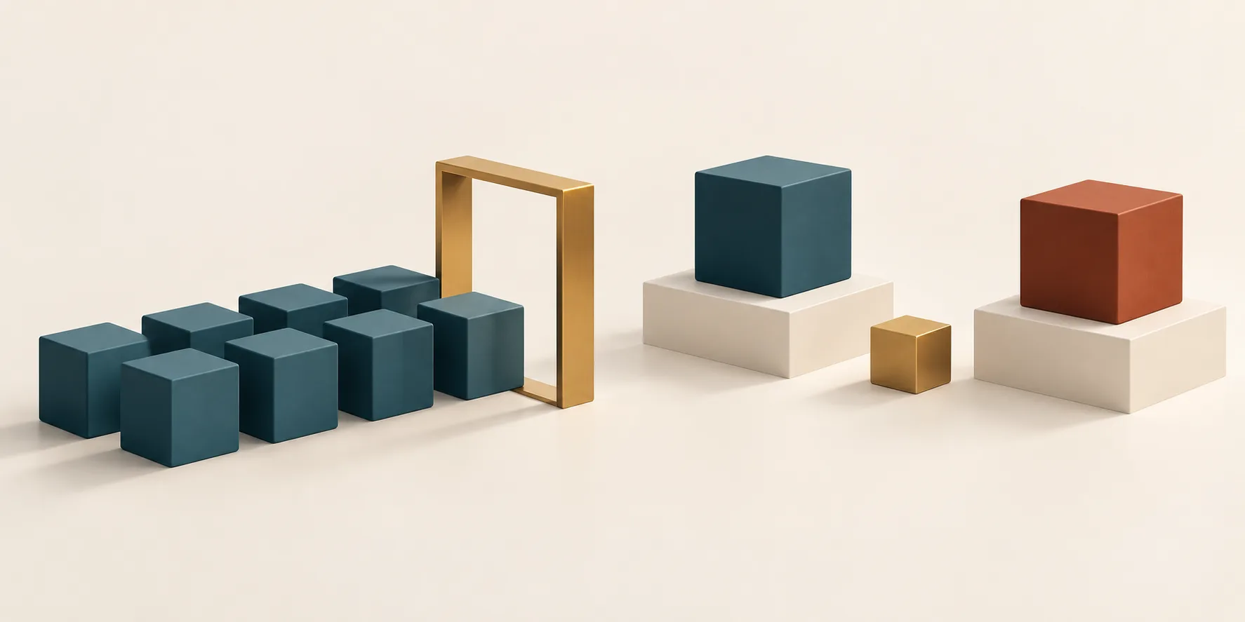 Teal cuboids pass through a brass gateway toward separate teal and terracotta cubes on raised cream platforms, representing finance preparation, review, and approval