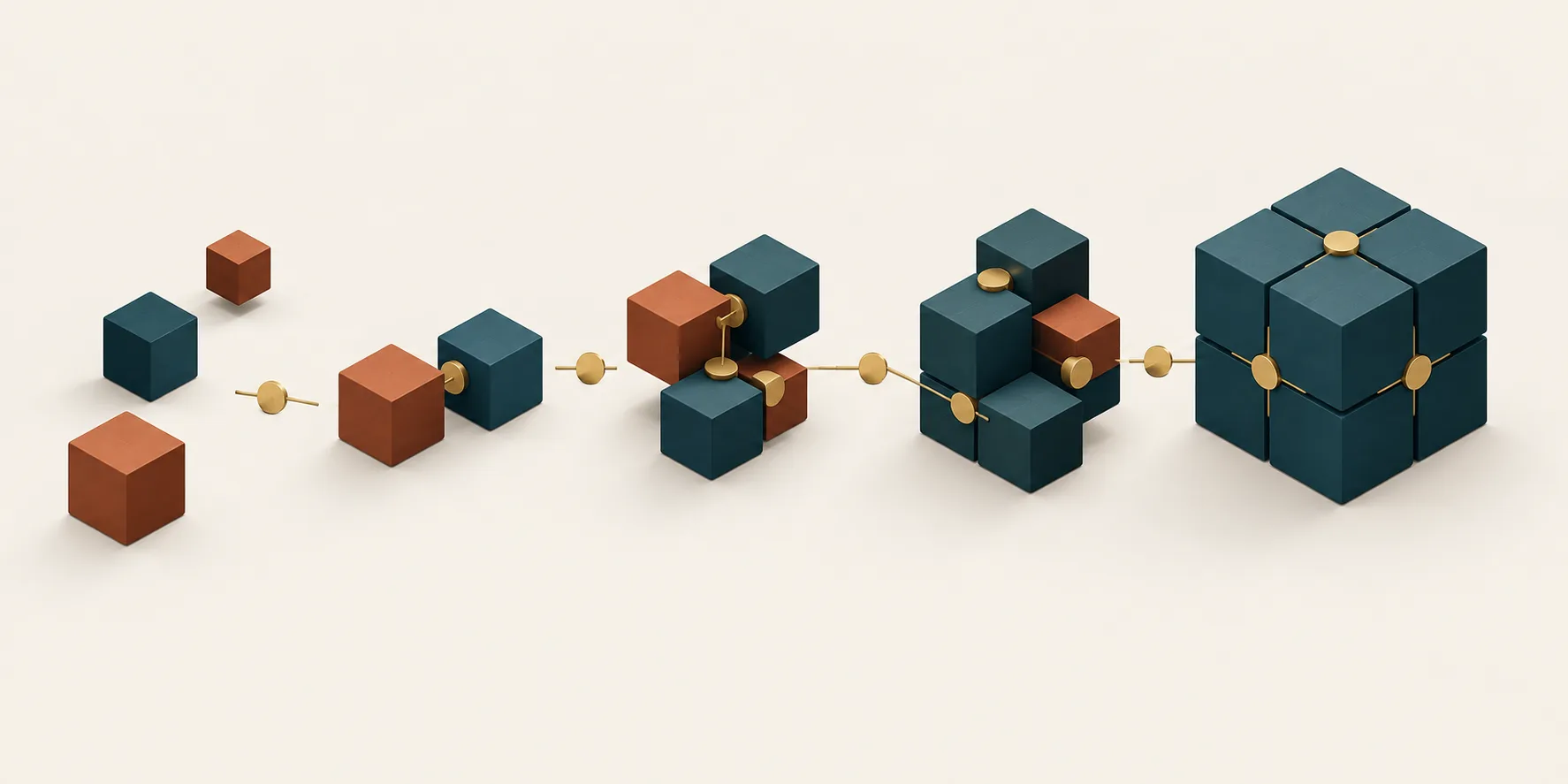 Separate terracotta and teal cubes progress into a connected structure with brass links, illustrating staged AI integration after an acquisition