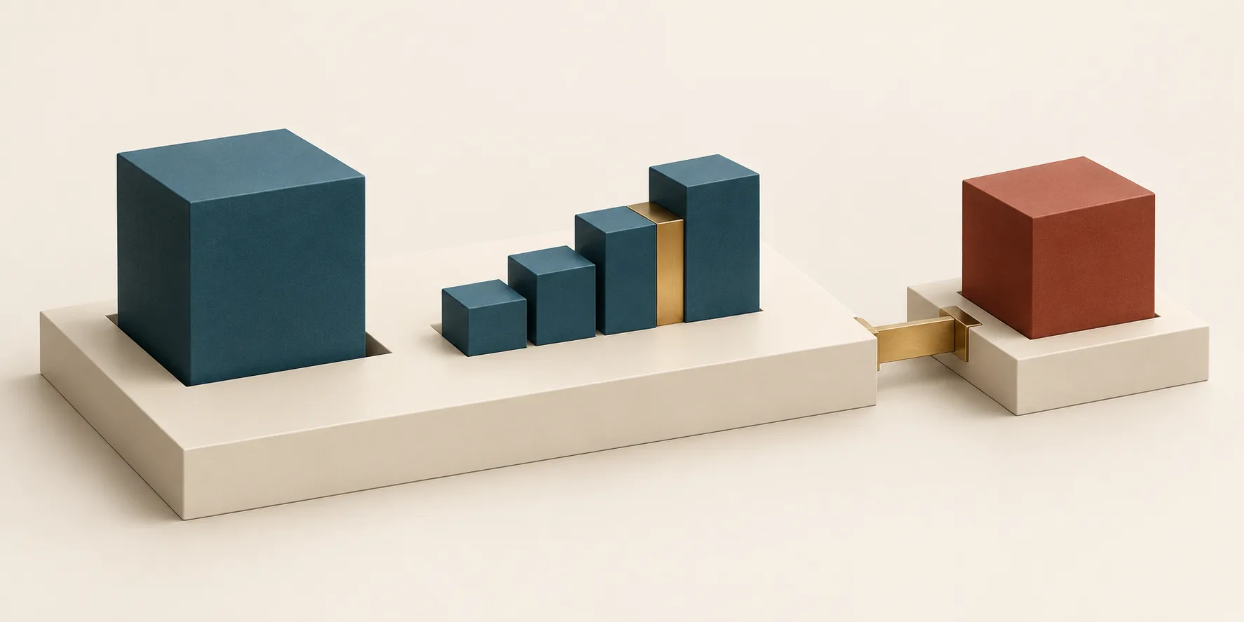 A fitted teal cube, growing teal steps, and a terracotta block connected by a brass bridge represent hiring, developing staff skills, and contracting for AI delivery