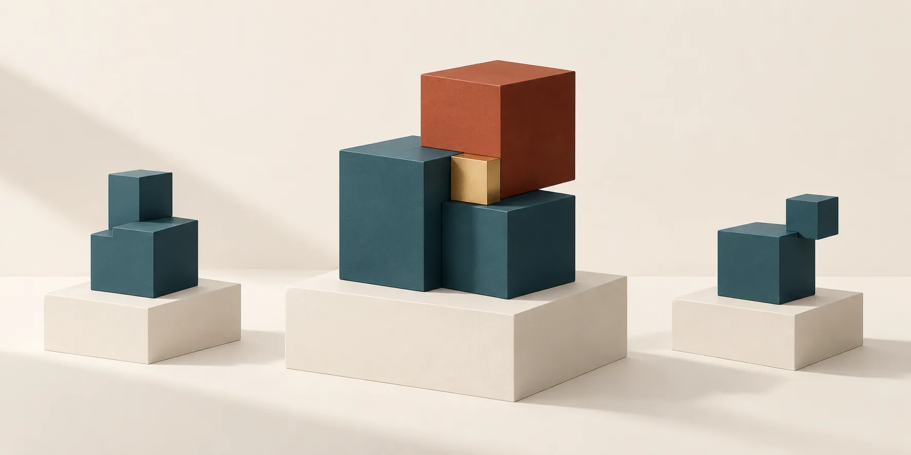 Three cube assemblies sit on cream pedestals, with the central teal structure combining a terracotta cube and a small brass connector