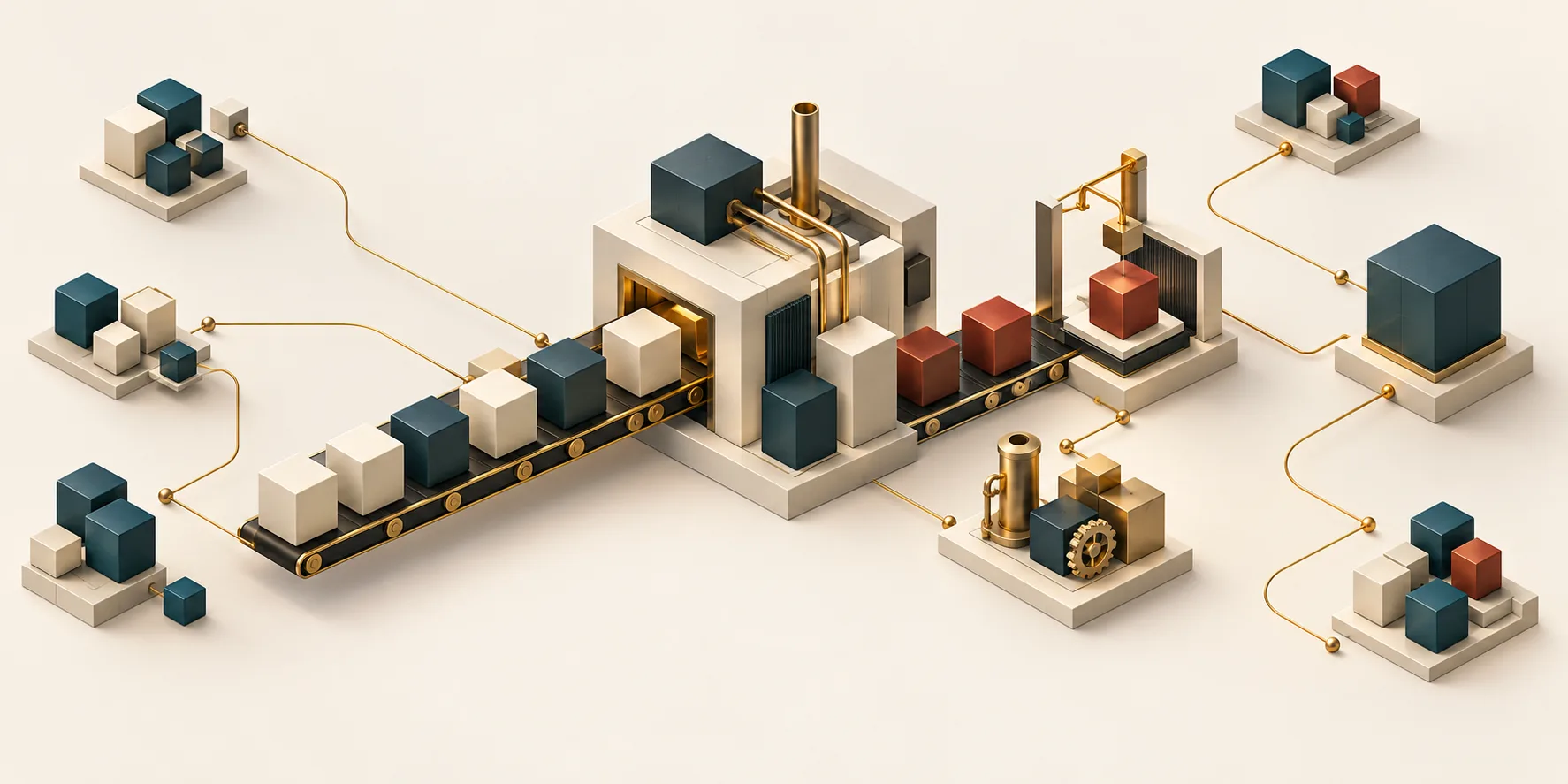 Teal and cream cubes move through a geometric factory station toward terracotta quality checks, with brass lines connecting maintenance and production record clusters