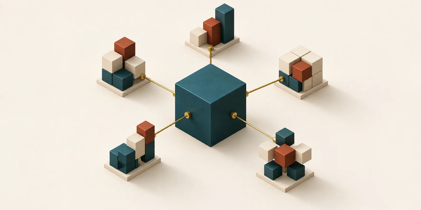A central teal cube connects by brass lines to five smaller cream, teal, and terracotta cube groups, representing investment-thesis value levers