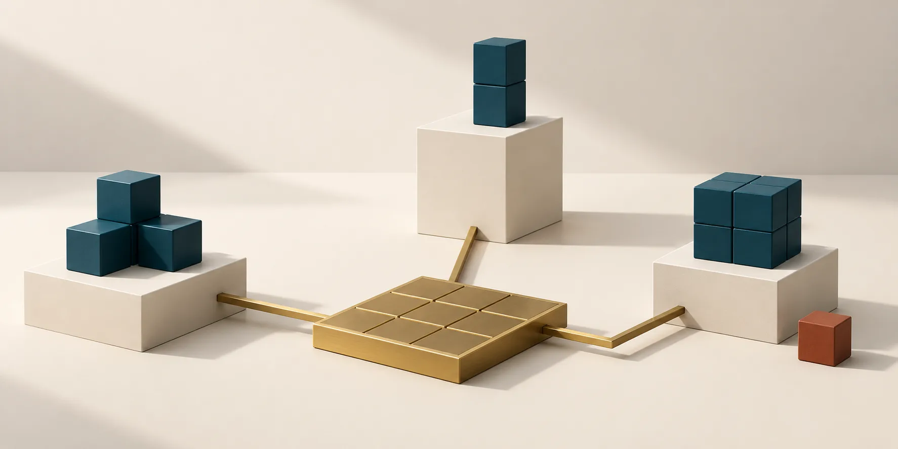 Different teal cubic structures on cream plinths connect by brass rails to a shared grid, with a terracotta exception cube, representing portfolio AI project review