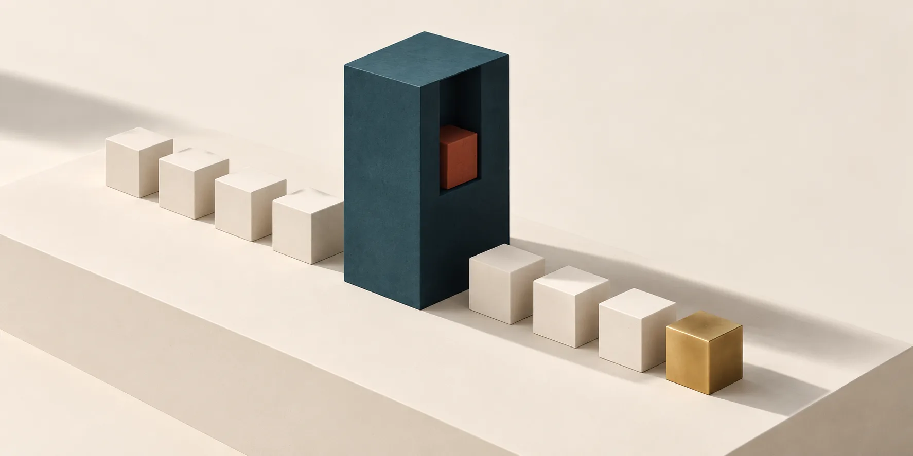 A tall teal block holds a terracotta cube beside a line of cream cubes ending in a brass cube, representing proprietary information and measured product improvement