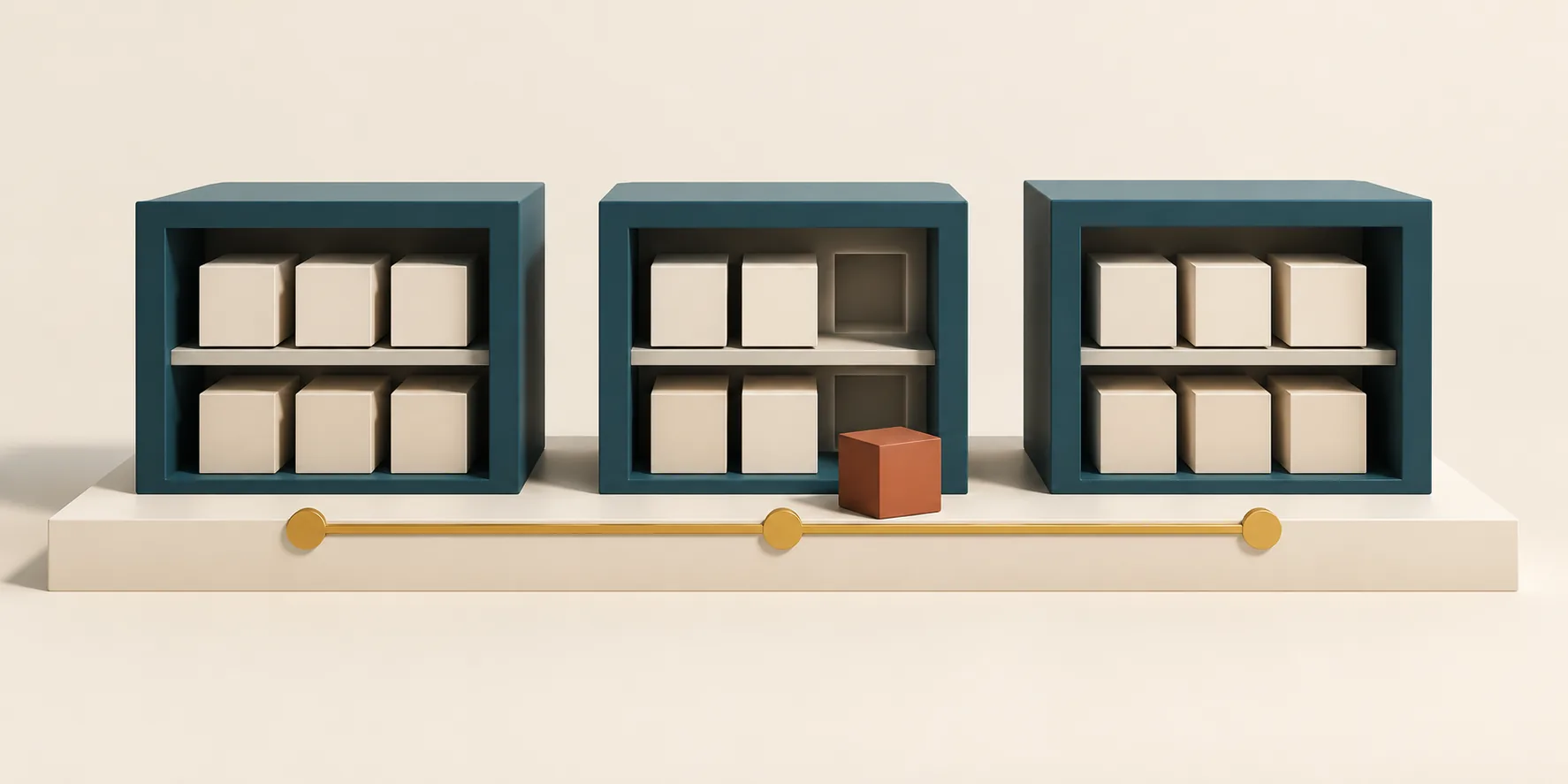 Three teal store-like frames hold cream cuboids beside an empty bay and a terracotta block, with a brass track connecting the stores across a cream platform