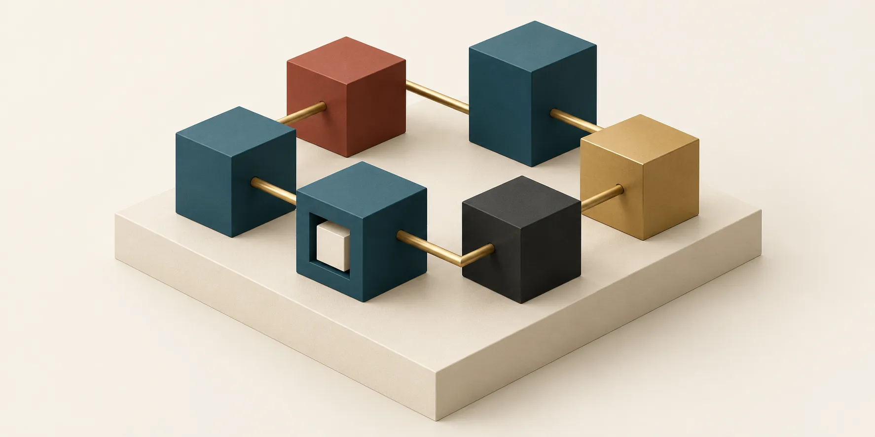 Six teal, terracotta, brass, and ink cubic modules connect around a cream plinth, representing the complementary skills needed to operate an AI workflow