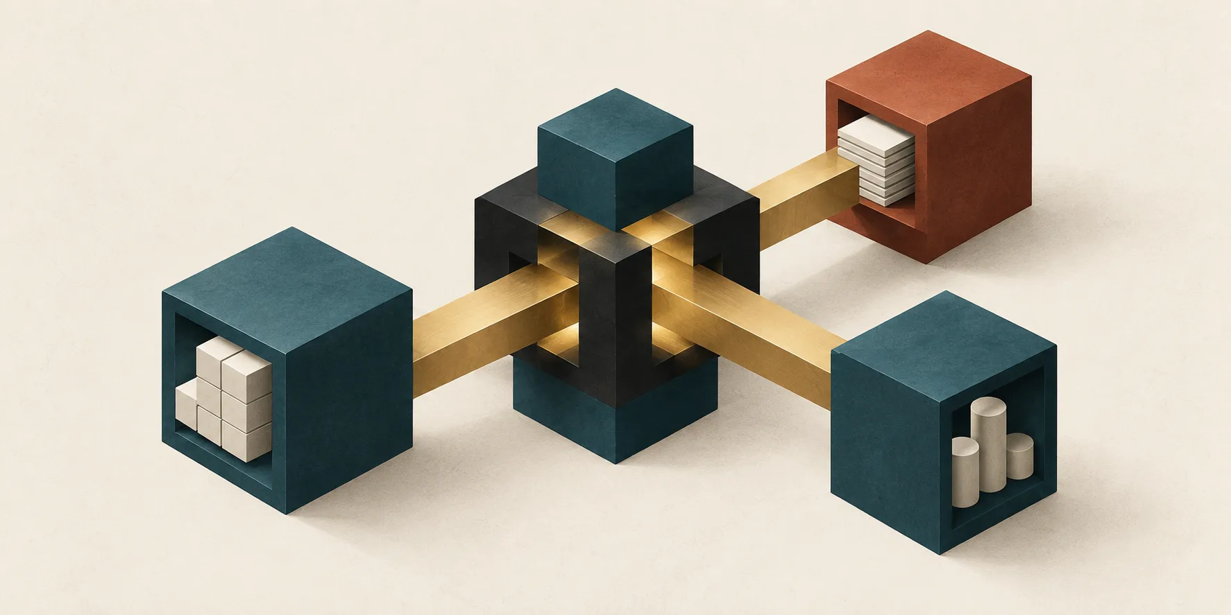 Interlocking teal and terracotta cubes joined by brass beams, representing a startup AI backbone