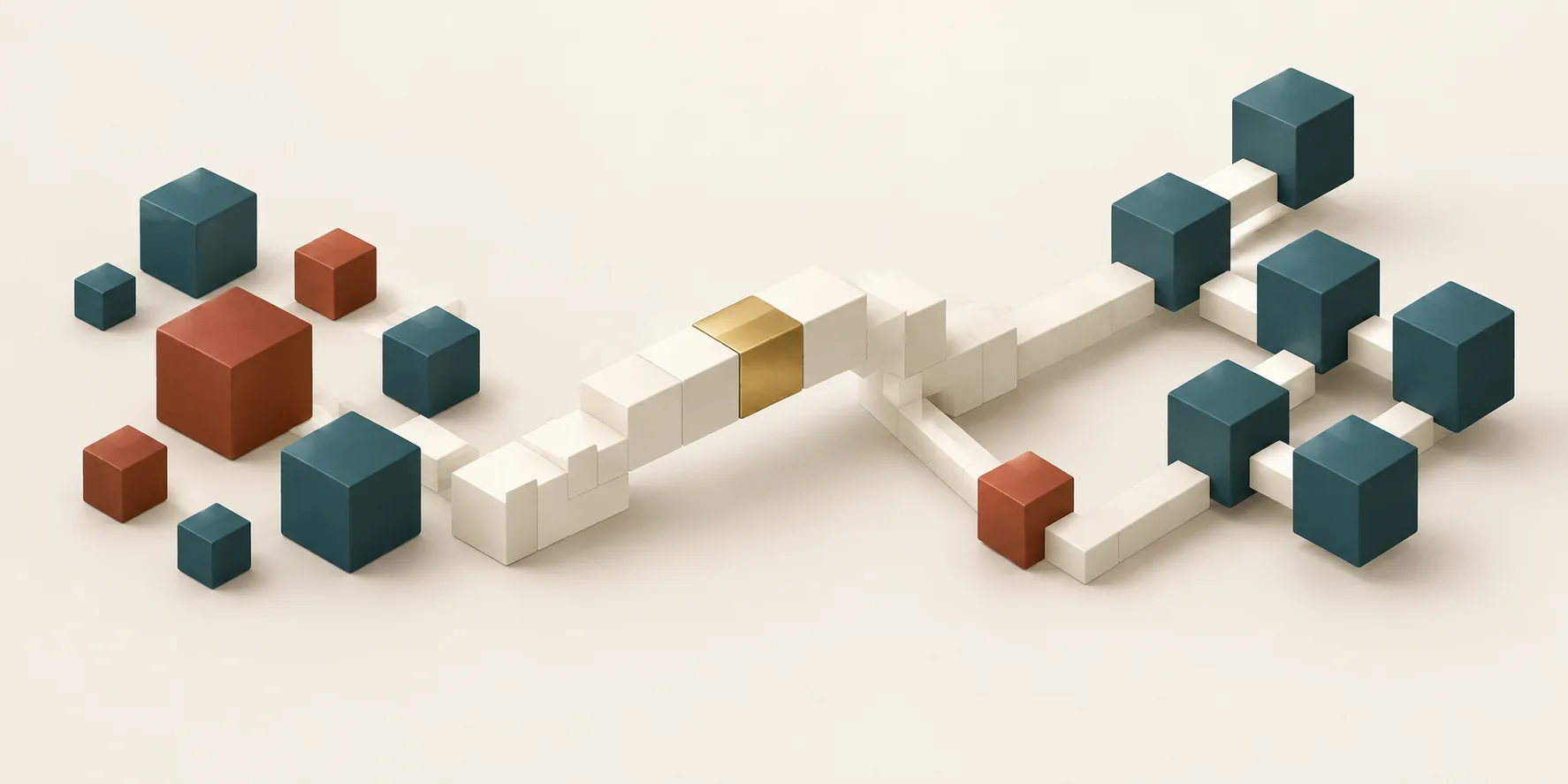 Loose teal and terracotta cubes connect through a cream stepped bridge to an orderly branching cube arrangement, representing expert knowledge becoming a workflow with an exception route