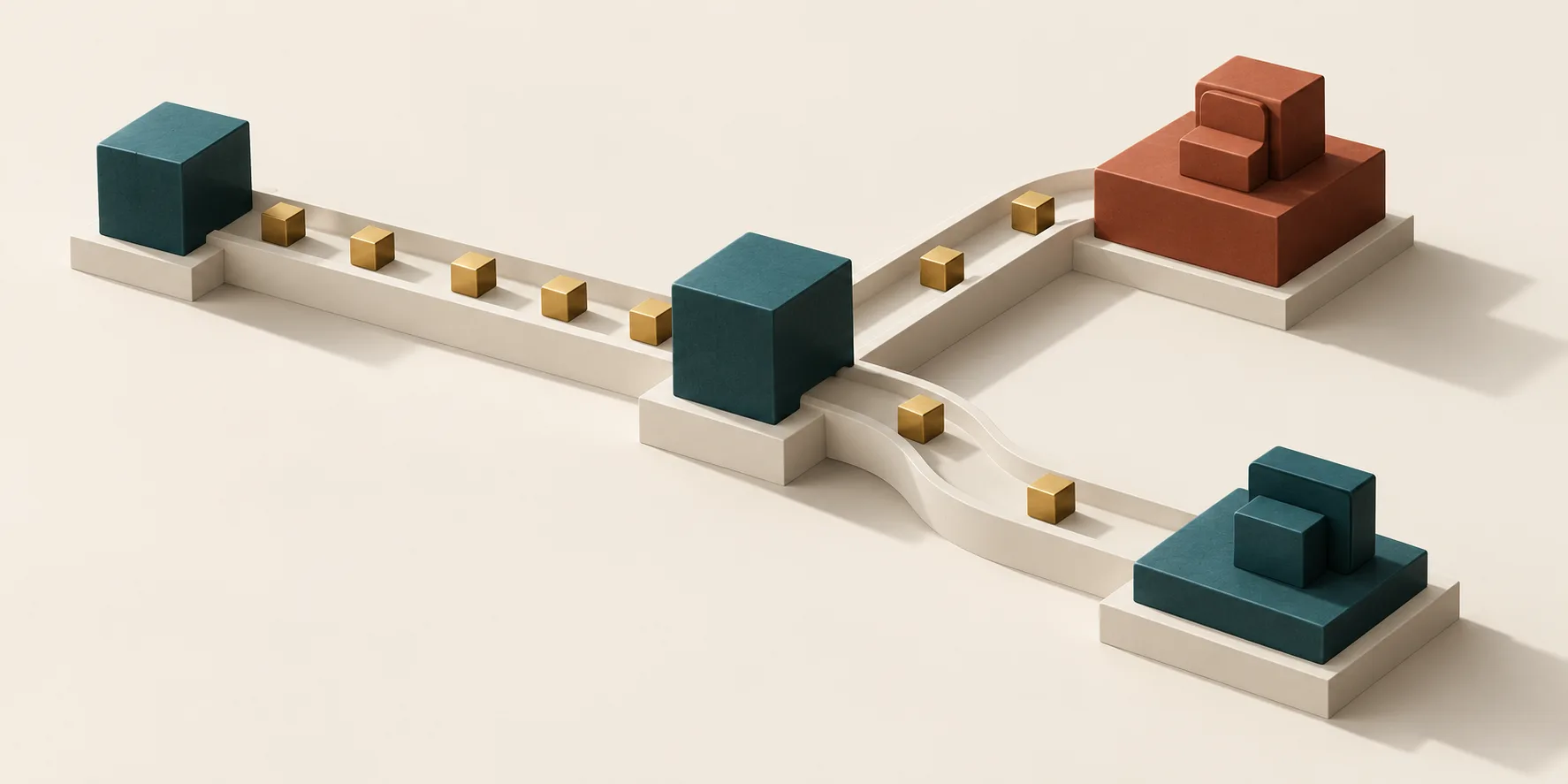 Teal cubic platforms connected by branching cream channels and small brass blocks, with a terracotta endpoint representing human escalation in subscription support