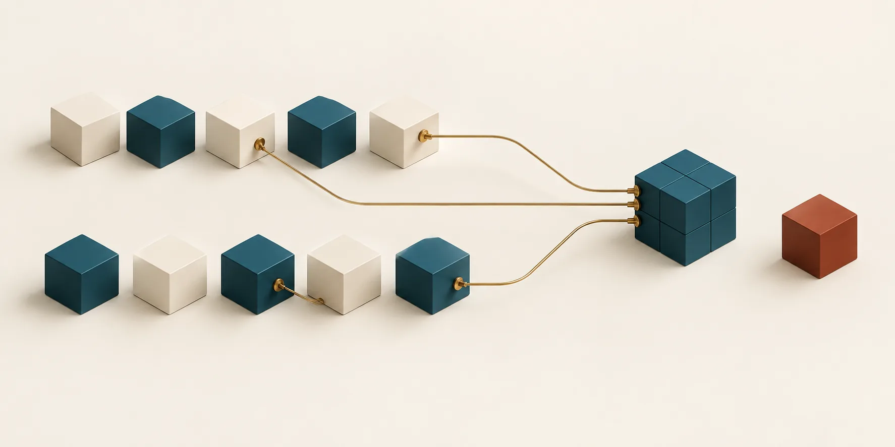 Two rows of cream and teal cubes connect through brass lines to an assembled teal cube, while a terracotta cube sits apart