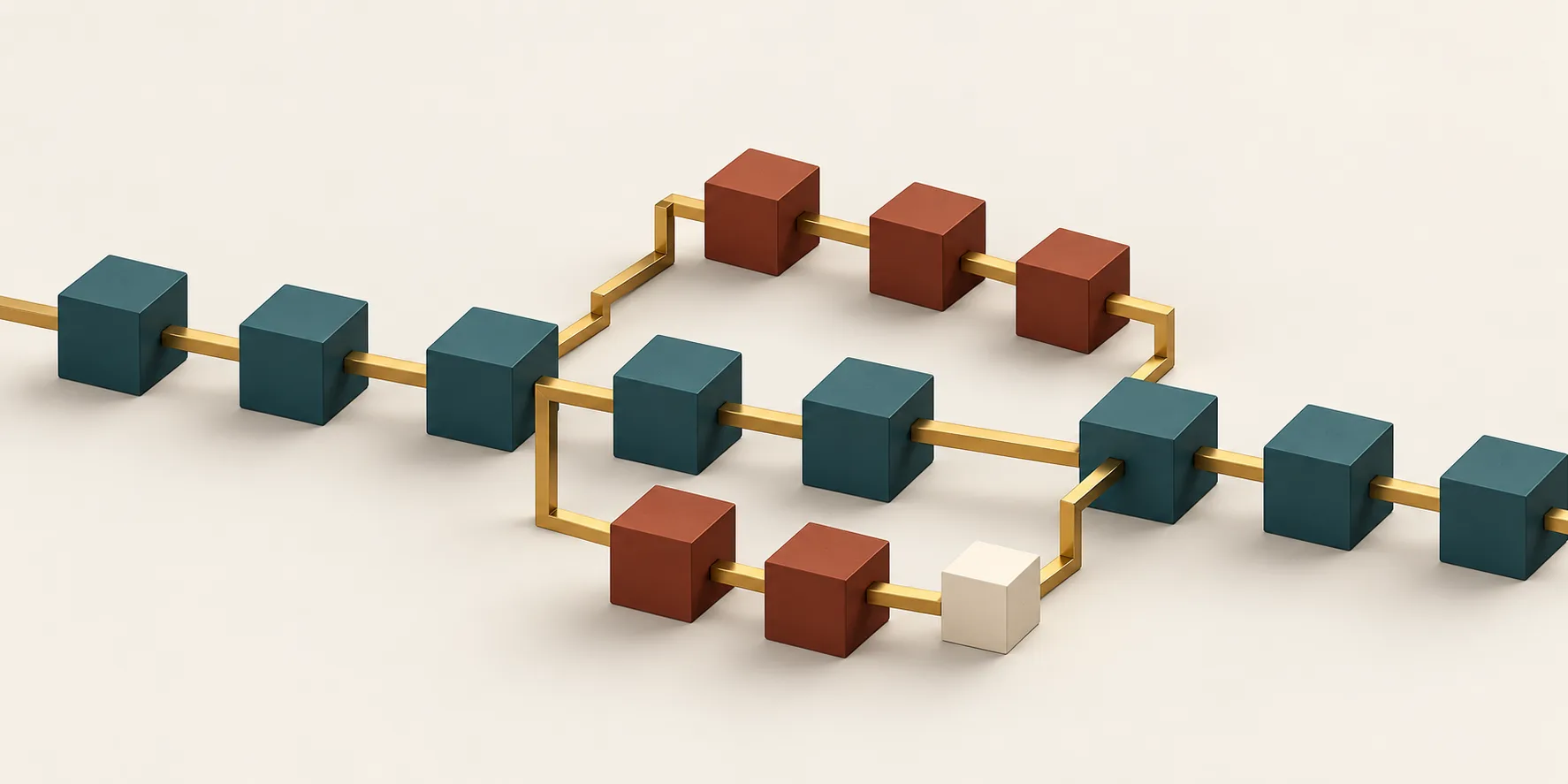 A brass path through teal cubes splits into two terracotta exception routes and rejoins, with a cream cube at a handoff